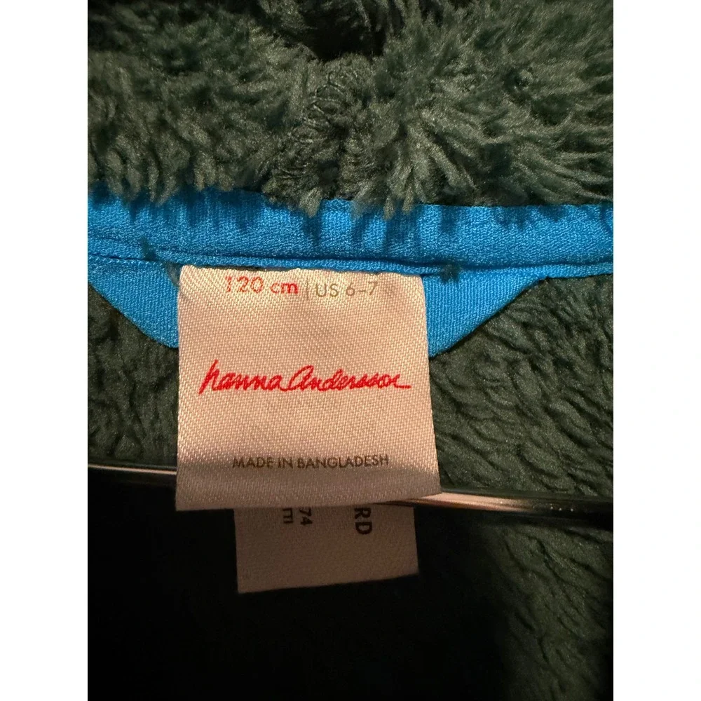 Hanna Andersson Kids Green High Pile Fleece Full Zip Hoodie Jacket Blue Trim 6-7